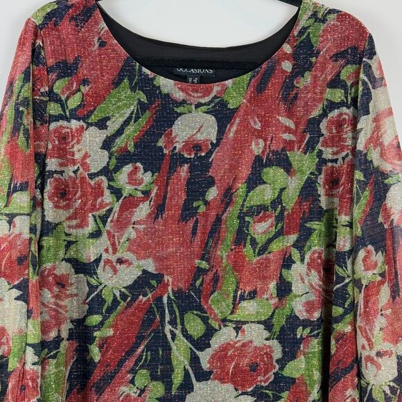 Susan Graver Occasions Top Women 1X Multicolor Foil Printed Tie Sleeves Glam NWT - Picture 3 of 10